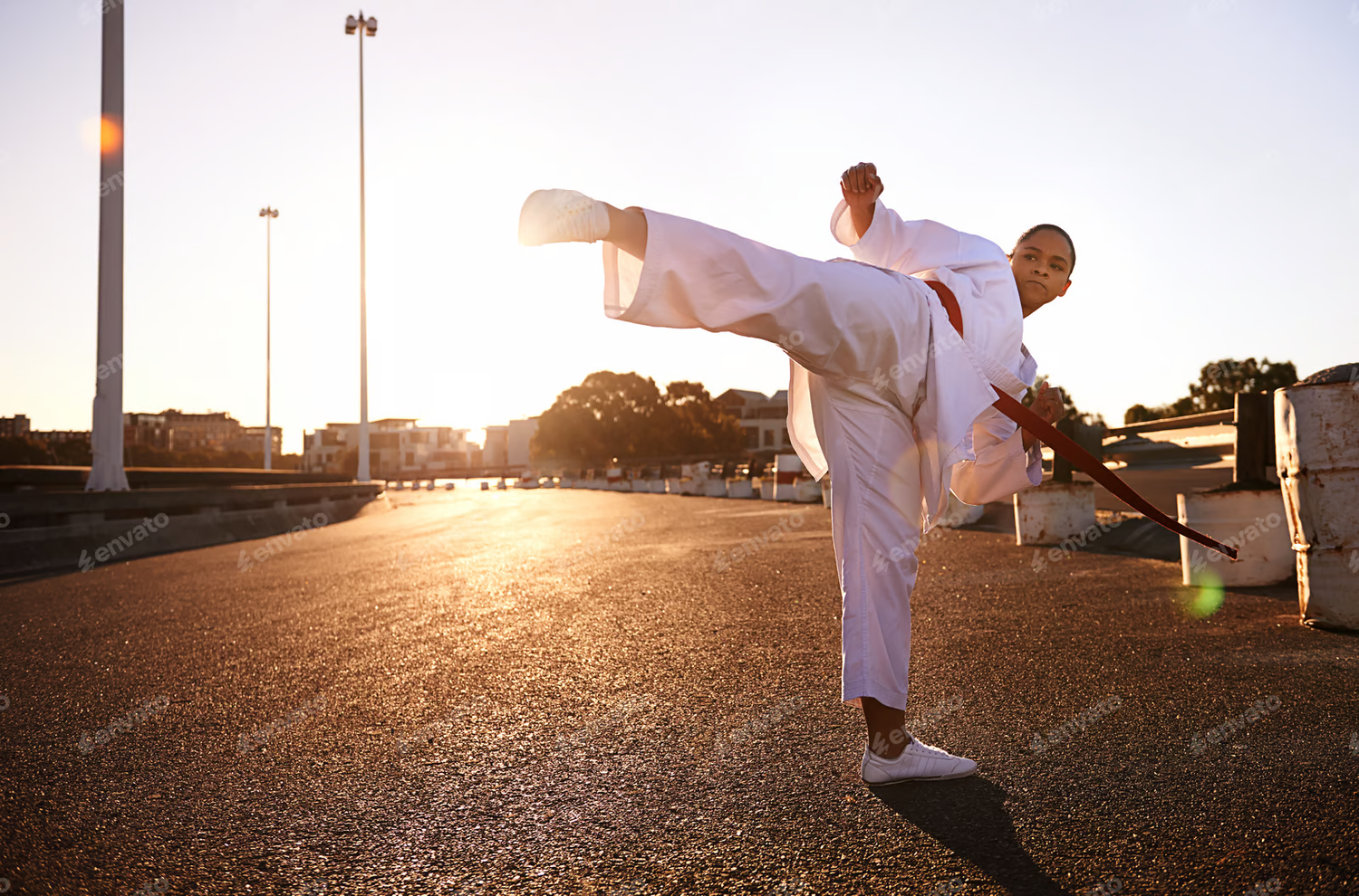 Martial artist in street kicking towards viewer