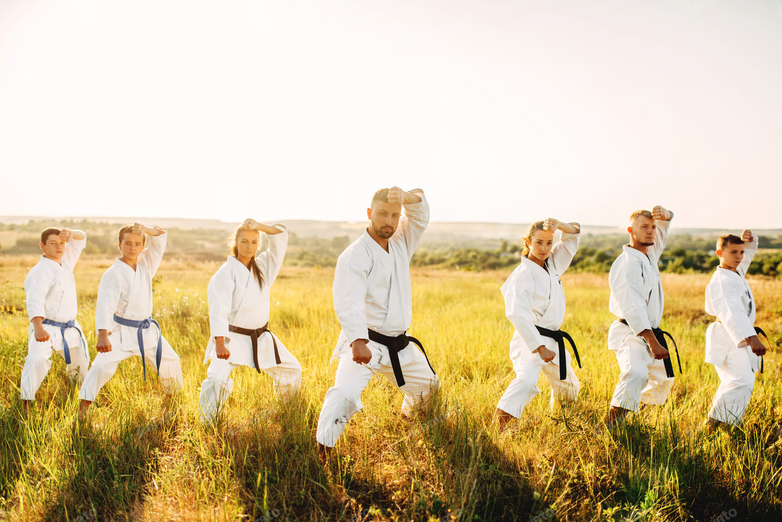 Martial artists holding a stance in a field